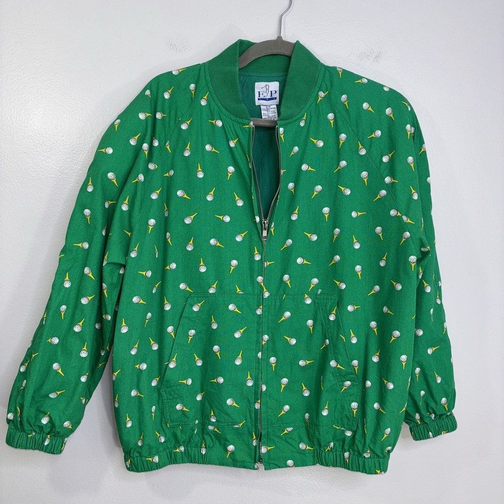 EP Pro Golf Jacket Green Golf Balls And Tees Print Zip Up Jacket Size Small